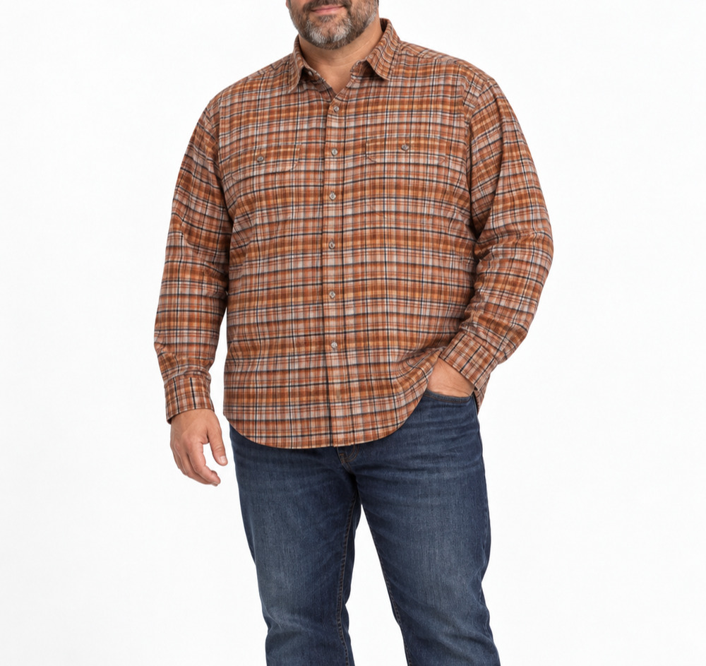 Orvis Flat Creek Tech Flannel Shirt Men XXL Orange Plaid Stretch Active Fit